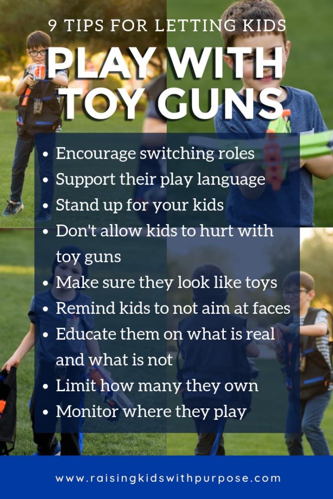 9 tips for allowing kids to play with toy guns infographic with boys playing at the park with NERF guns