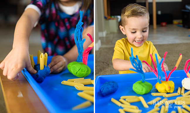 make a coral reef out of pipe cleaners, playdough and penne pasta