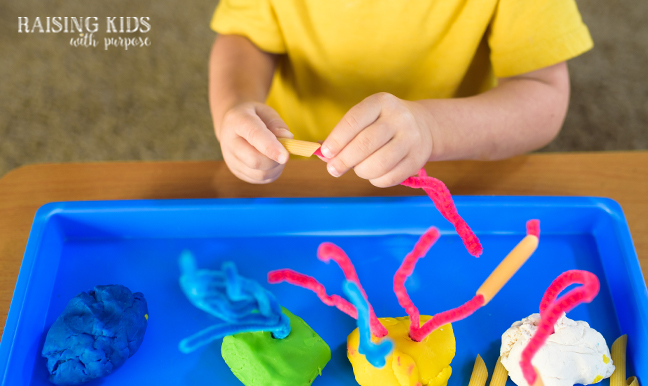 pipe cleaners, pasta and playdough toddler activity