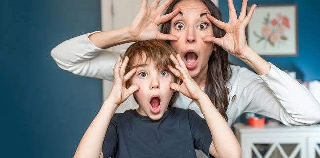 mom and son opening eyes wide