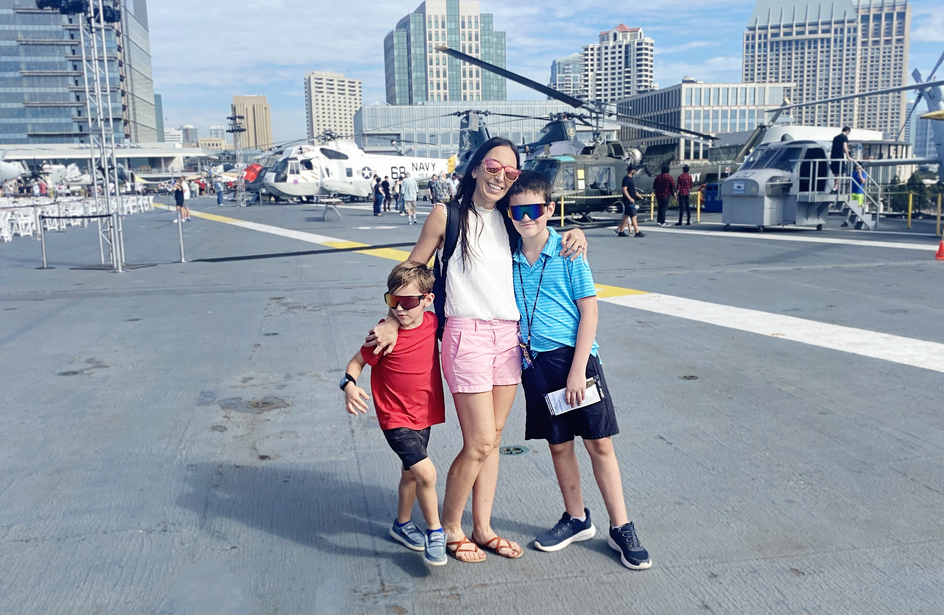 mom and sons at the USS Midway in San Diego