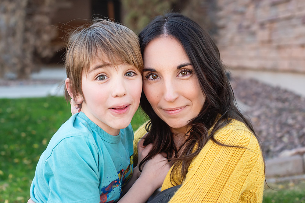 mom and son staring into camera