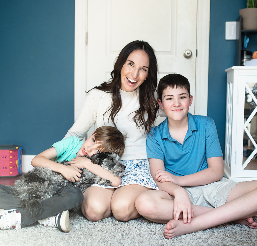 mom, two sons and mini aussiedoodle